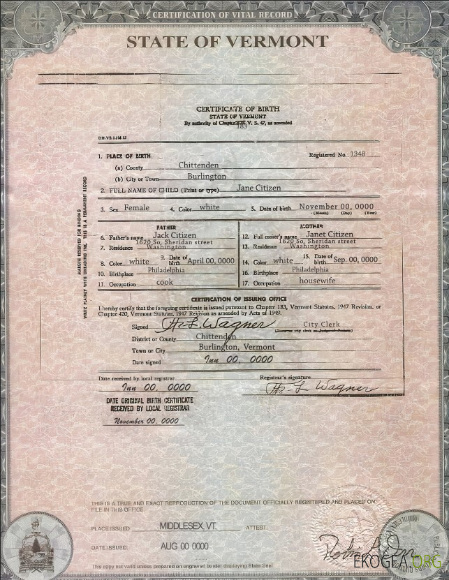 Modèle de certificat de naissance de l'État du Vermont aux États Unis au format PSD